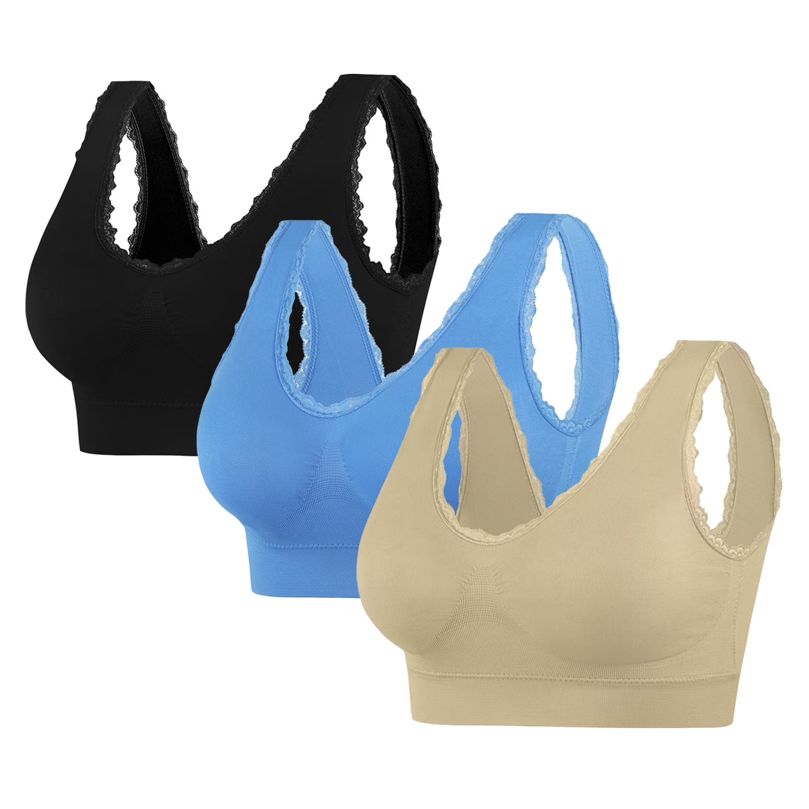 Sports Bras for Women Lace Wirefree Yoga Breathable 3 Pcs Seamless Comfortable Thin Sportswear for Women Beige Exercise Bra Size S