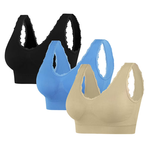 Sports Bras for Women Lace Wirefree Yoga Breathable 3 Pcs Seamless Comfortable Thin Sportswear for Women Beige Exercise Bra Size S